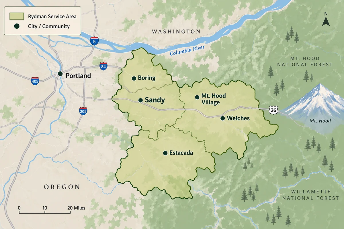 Map of Rydman Enterprises service areas in Oregon, including Sandy, Boring, Estacada, Mt. Hood Village, and Welches.