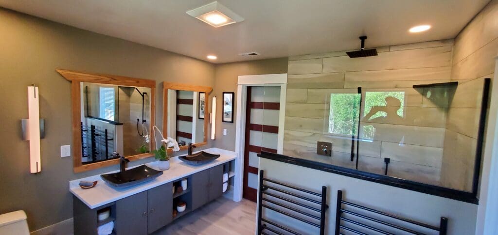 Custom primary bathroom remodel with freestanding tub and tiled shower in Sandy, Oregon