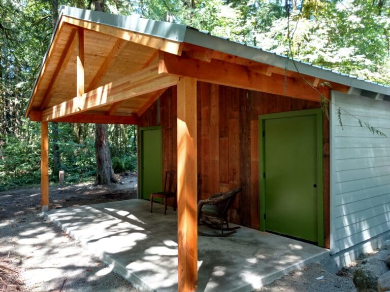Modern custom firewood and equipment storage shed built for a Mt. Hood, Oregon home