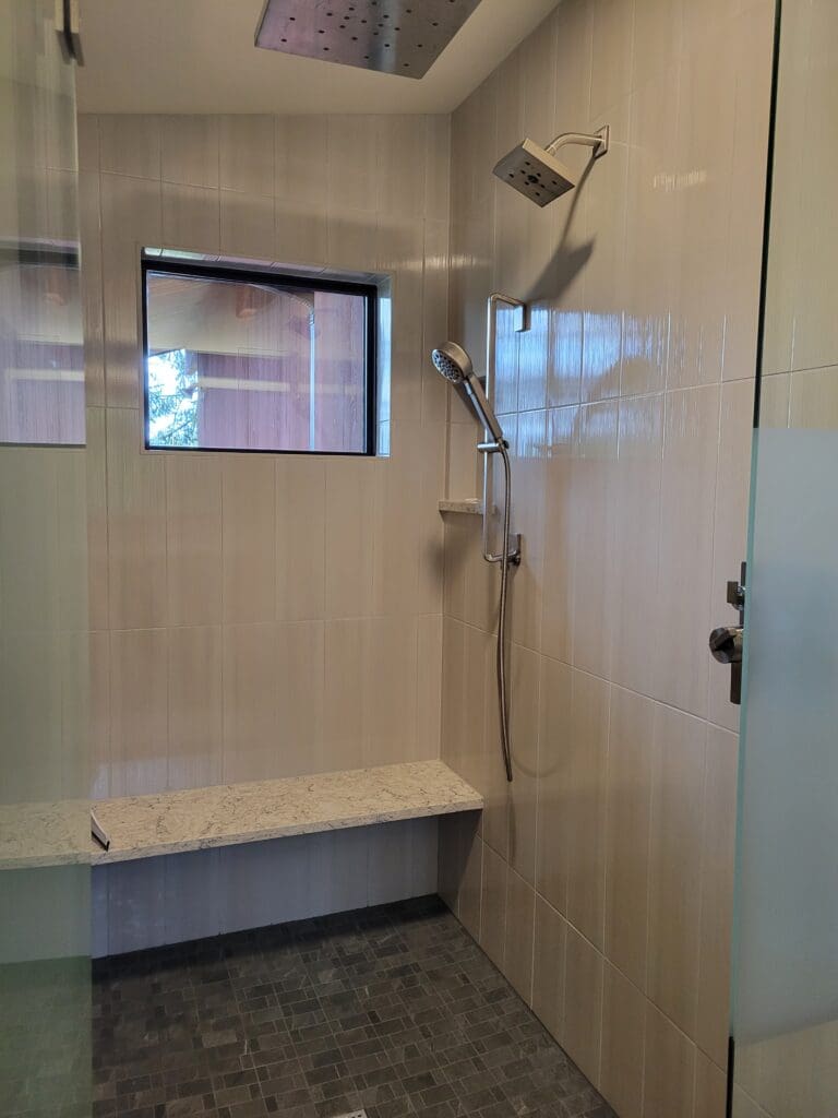 Expanded custom primary bathroom remodeled by Rydman Enterprises in Boring, Oregon